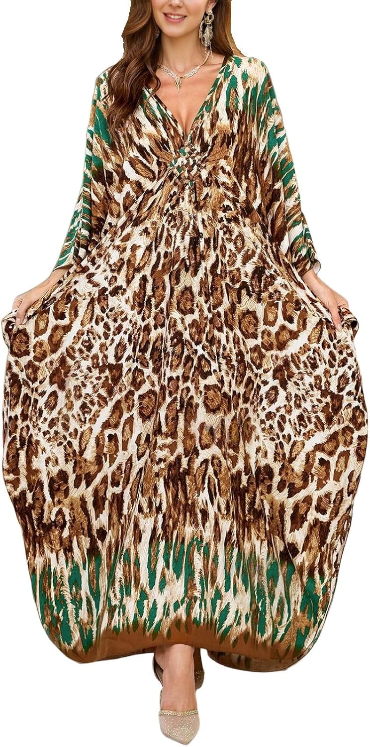IMAGEKOPE Women's Plus Size Animal Print V-Neck Batwing Kaftan Beach Dress Bathing Suit Cover-Up Loungewear - Image 1